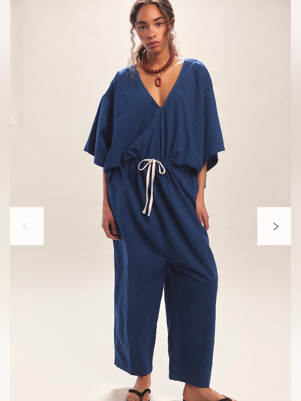 Free People Navy V-Neck Drawstring Jumpsuit